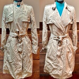 BCBGMaxAzria Double-Breasted Dietrich Trench Coat w Caplet & Buckle Collar Khaki
